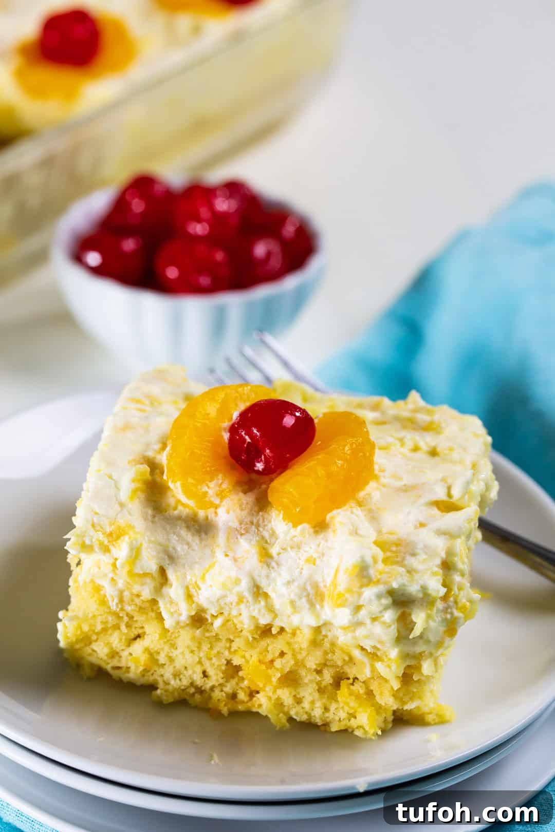 Light Peach Pickin' Cake Recipe — Tender Southern Dessert 3 Piece of cake on a plate.