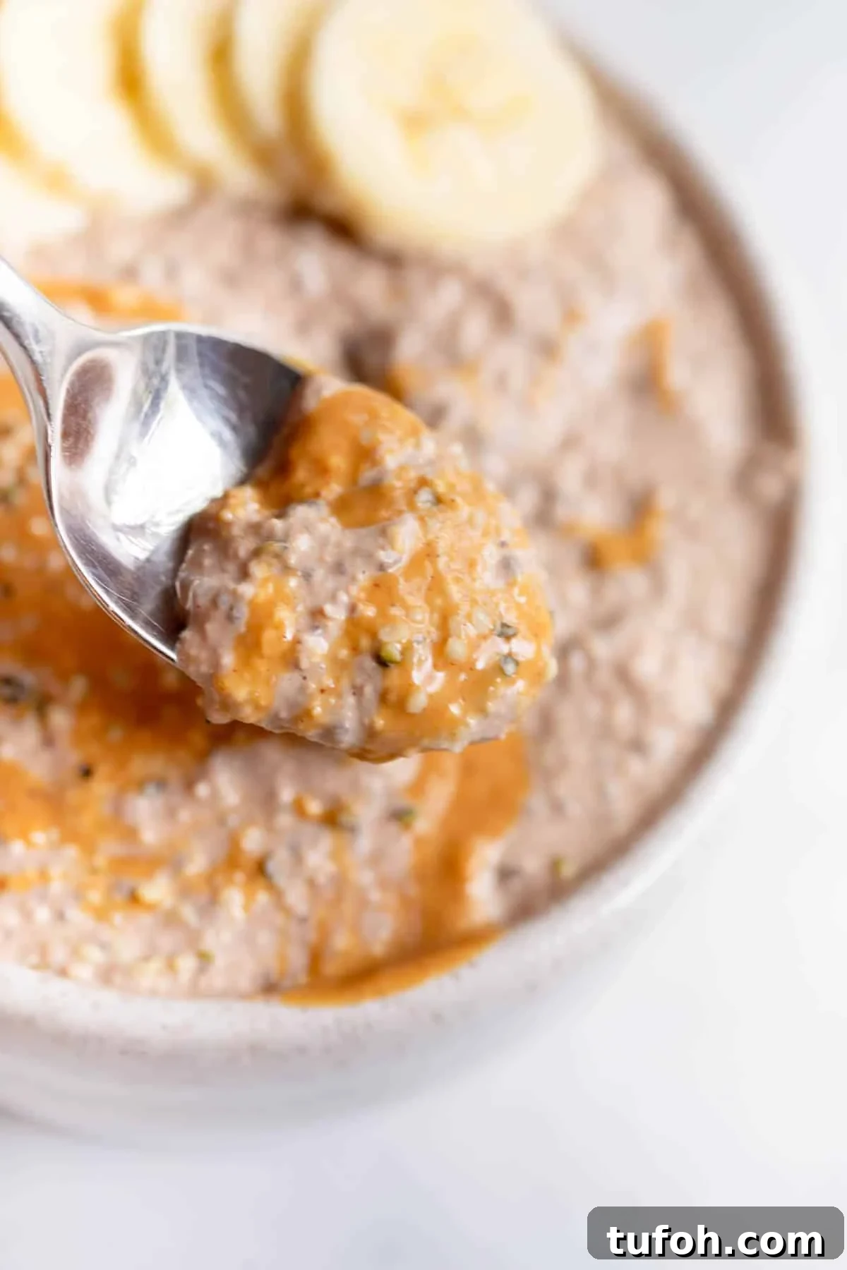 Peanut Butter Chocolate Overnight Oats Recipe for Creamy Mornings 7 A spoonful of Peanut Butter Chocolate Blended Overnight Oats with the bowl in the background.