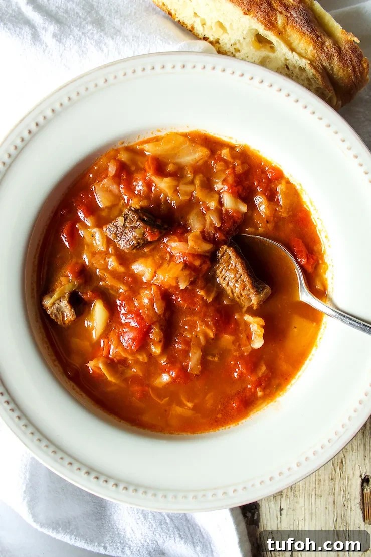 Sweet and Sour Beef and Cabbage Soup Recipe 4 Soup in bowl with spoon.