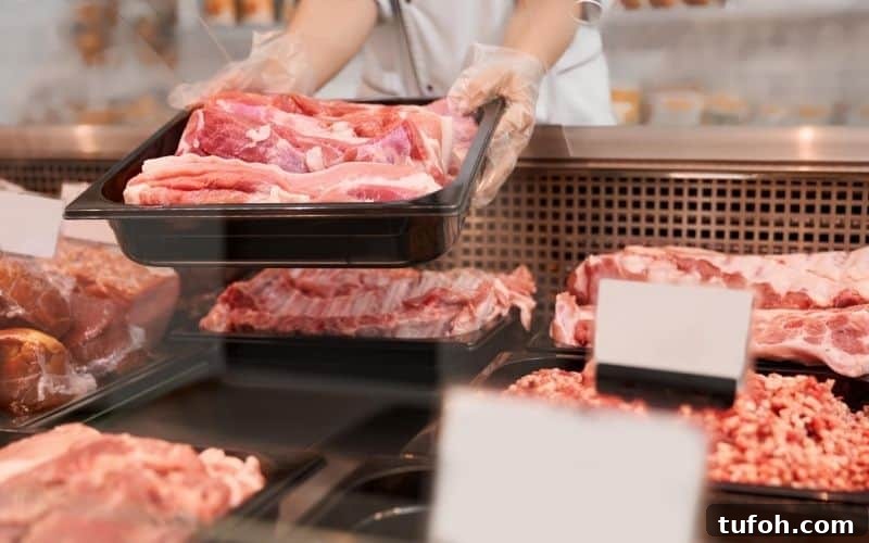 Carnivore Diet Meal Guide: What to Eat for Optimal Results 6 A person is organizing meat trays in a store.