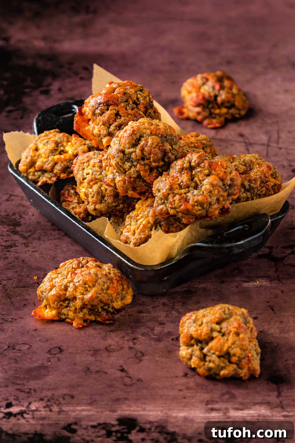 Irresistible Sausage Balls Recipe for Parties and Holidays 2 A small rectangular black cast iron casserole piled with sausage balls with 3 sausage balls on the table near the casserole dish.