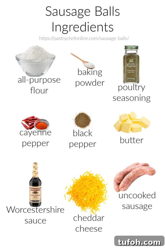 Irresistible Sausage Balls Recipe for Parties and Holidays 3 A collage of the ingredients needed to make sausage balls with cheese: flour, baking powder, poultry seasoning, cayenne pepper, black pepper, butter, Worcestershire sauce, shredded cheddar cheese, and uncooked sausage.