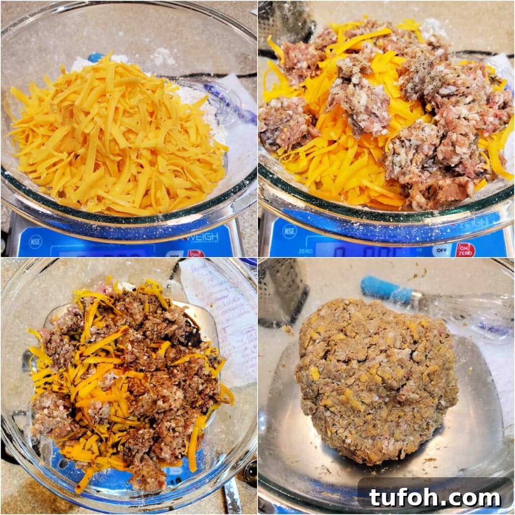 Irresistible Sausage Balls Recipe for Parties and Holidays 5 A collage of 4 images showing adding shredded cheese, raw sausage, and Worcestershire sauce to the flour/spice/butter mixture. The fourth image is of the 'dough' in a large ball.