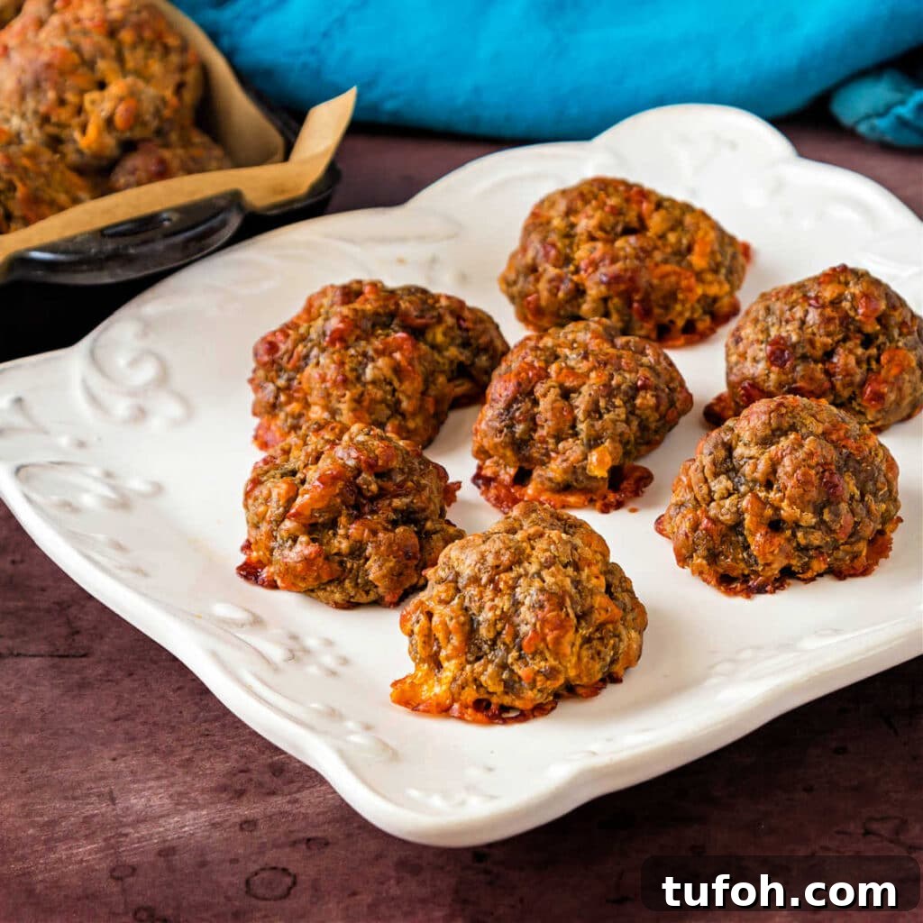 Irresistible Sausage Balls Recipe for Parties and Holidays 6 A square white plate with 6 baked sausage cheese balls on it.