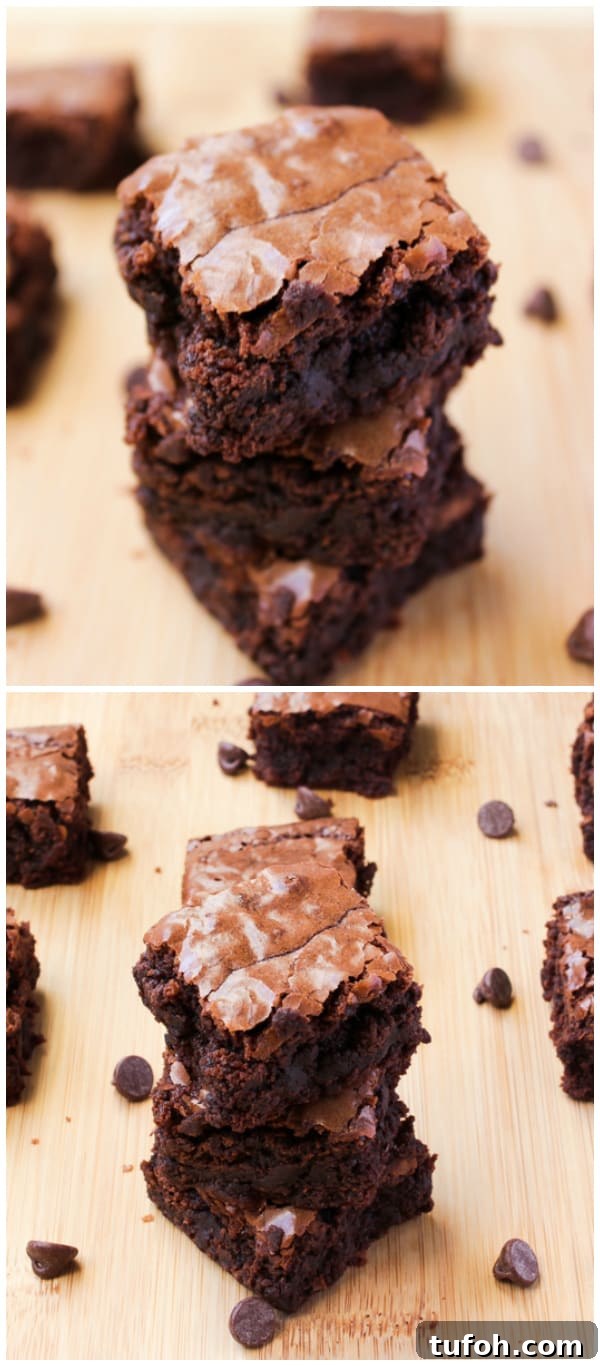 These homemade brownies are classic - chewy, fudgy, and made with chocolate chips. You will love these brownies with dozens of rave reviews! Close up of a stack of fudge brownies.