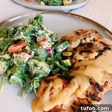 two dinner plates with a salad and sliced pork tenderloin drizzled with hummus salad dressing.