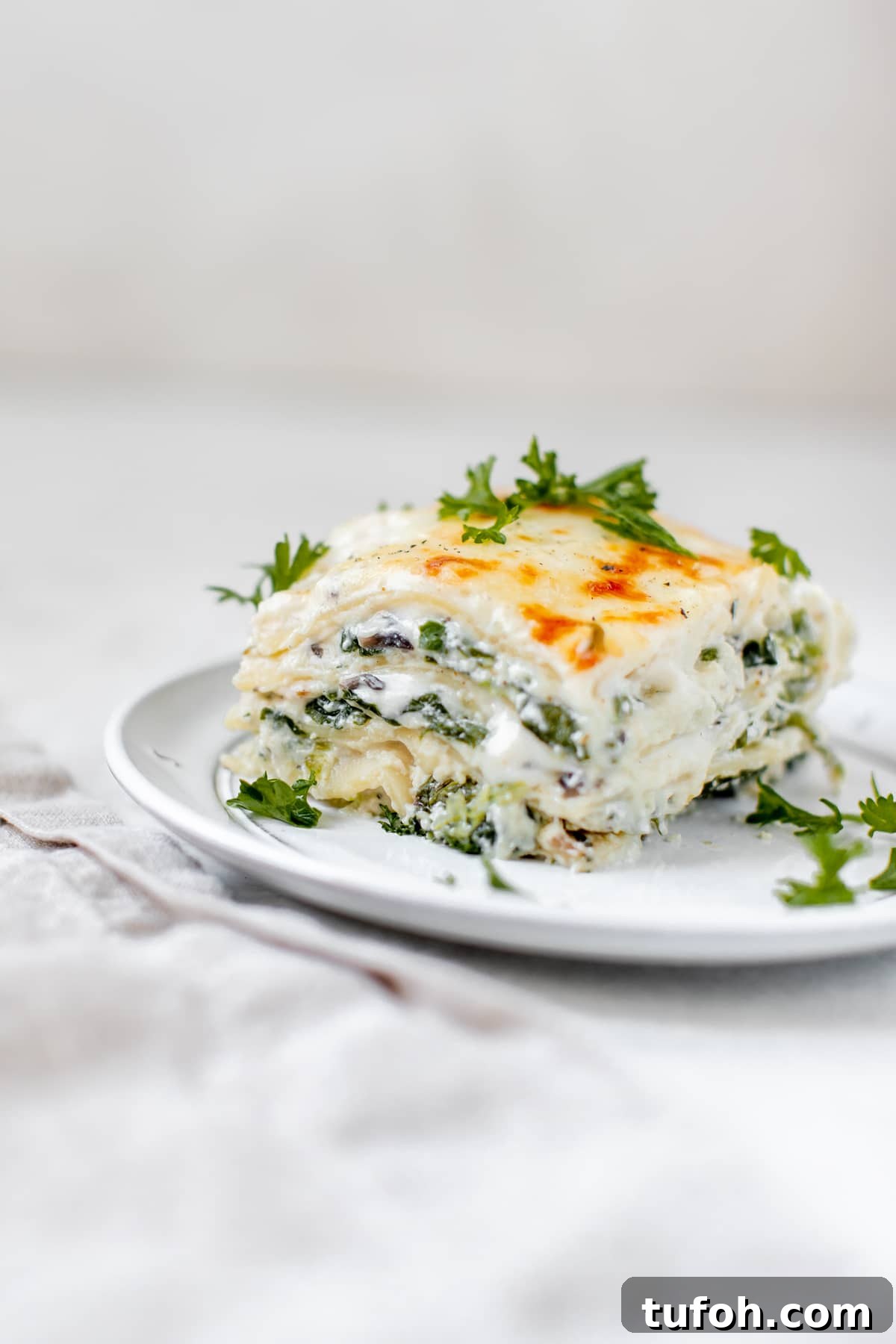 lasagna on a white plate topped with parsley
