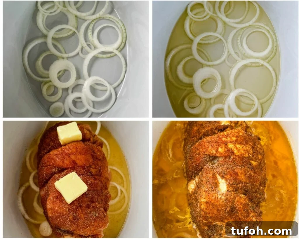 Crockpot Boneless Turkey Breast Recipe for Tender, Juicy Results 5 collage photo of 4 photos with onions broth and turkey in a Crockpot