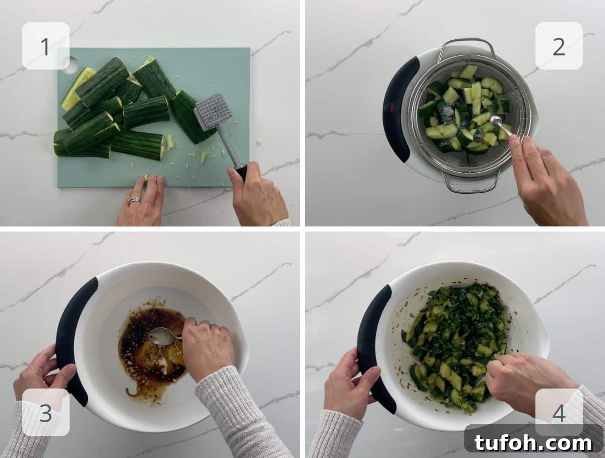 Crisp Smashed Cucumber Salad with Garlic and Sesame Dressing 4 step by step