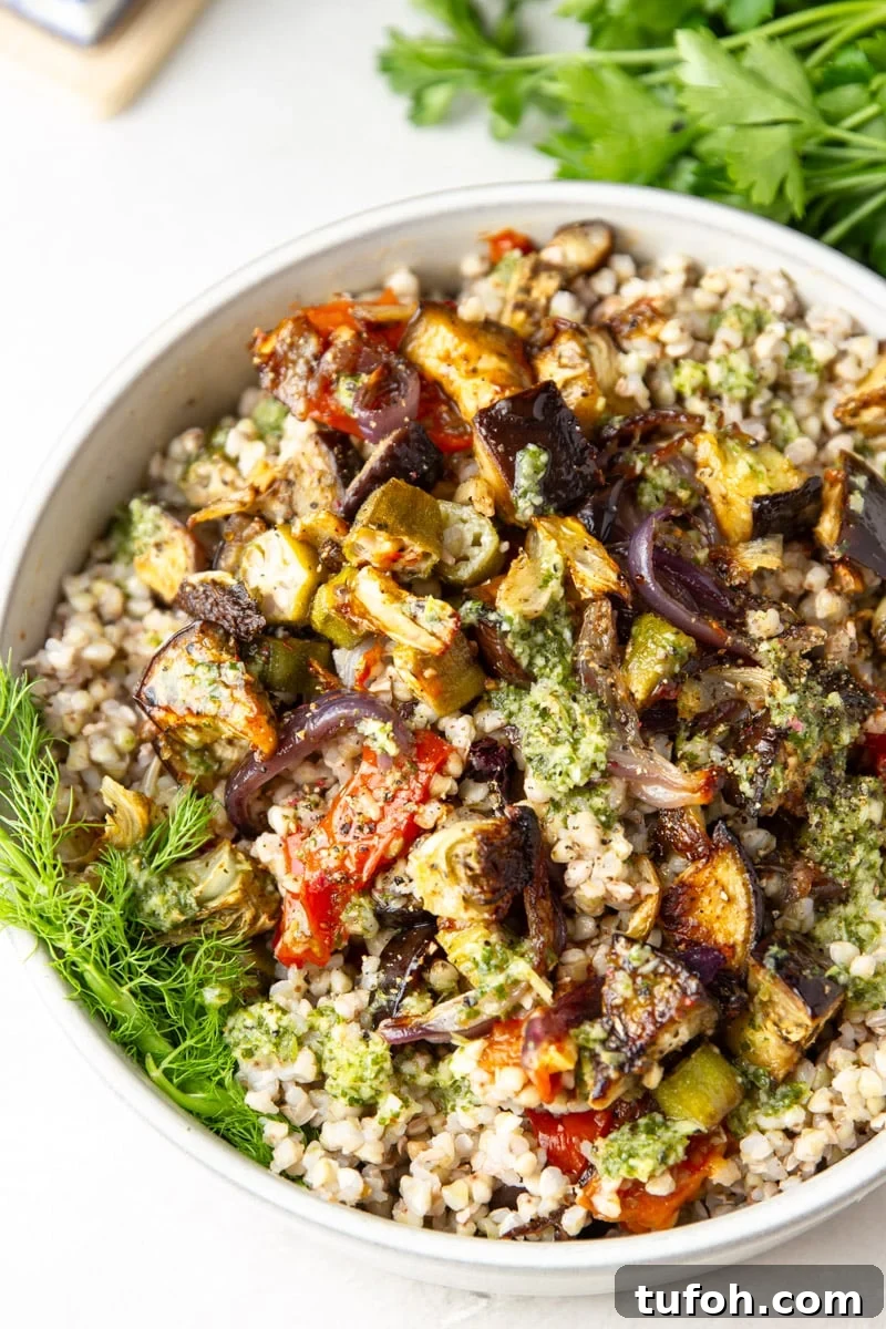 Closeup of buckwheat and roasted veg