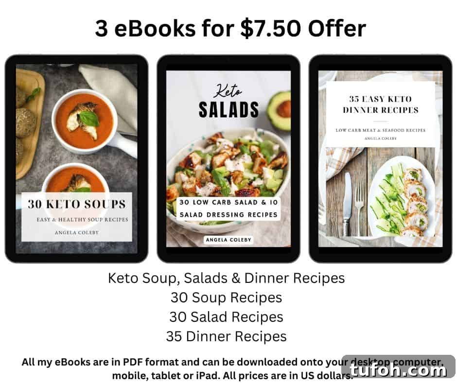 Three eBook covers displayed on tablets advertise a $7.50 offer for keto ebooks. Titles include "30 Keto Soups," "30 Salad Recipes," and "35 Easy Keto Dinner Recipes." All eBooks are in PDF format.