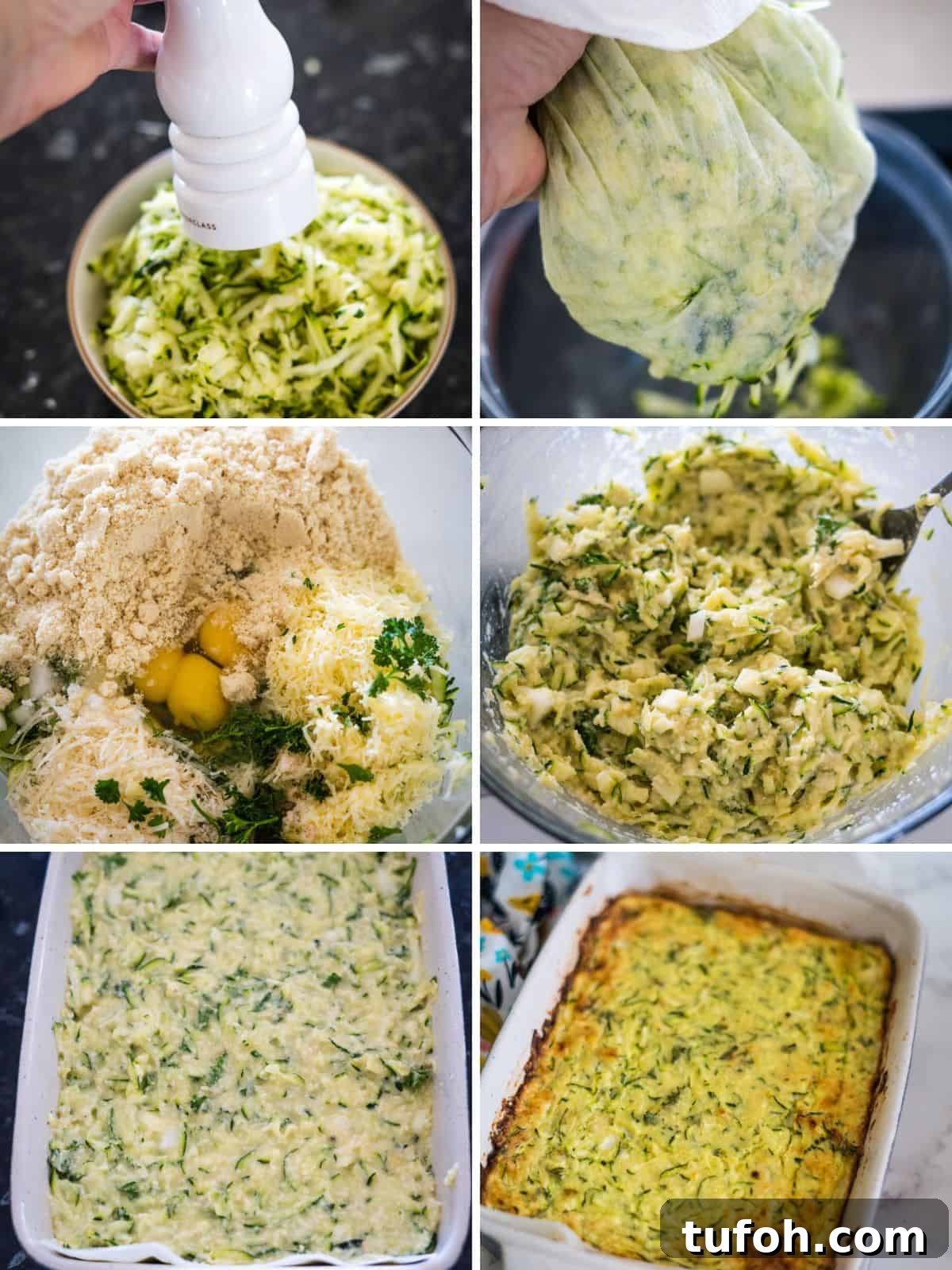 A six-step process of preparing a keto zucchini slice: grating zucchini, squeezing out liquid, mixing grated zucchini with other ingredients, stirring, spreading the mixture in a pan, and baking to a golden brown.
