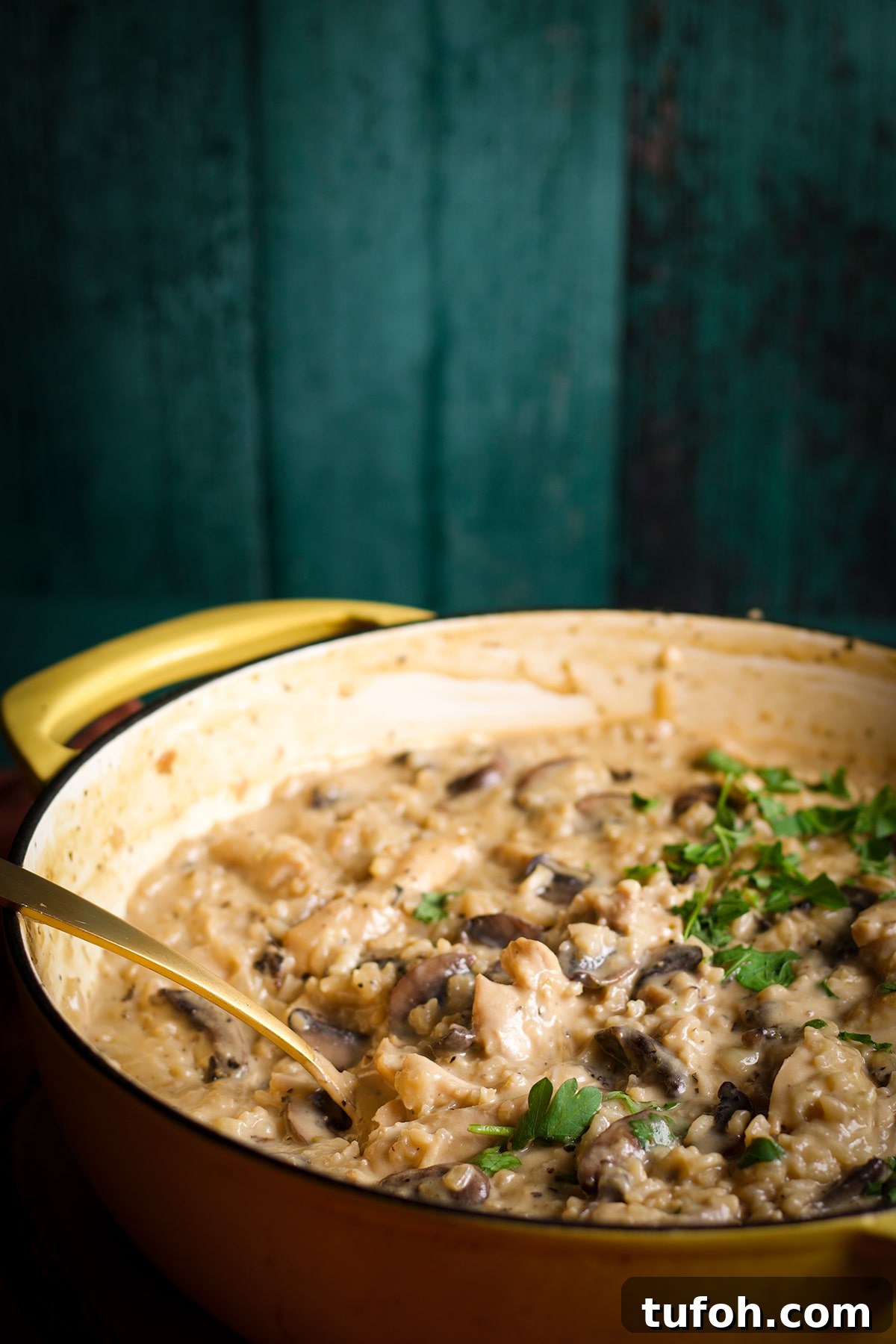 Creamy Mushroom Chicken with Parmesan Rice Bowl 2 A pan of creamy mushroom chicken and rice, hot and ready to eat.