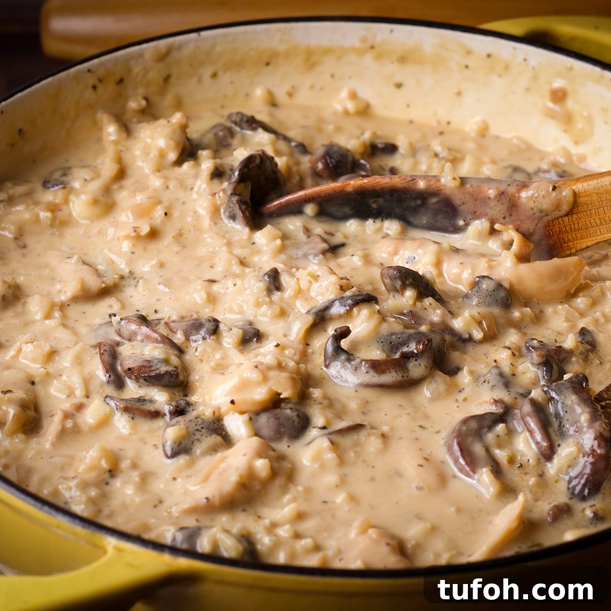 Creamy Mushroom Chicken with Parmesan Rice Bowl 14 A pot of creamy mushroom chicken and rice.