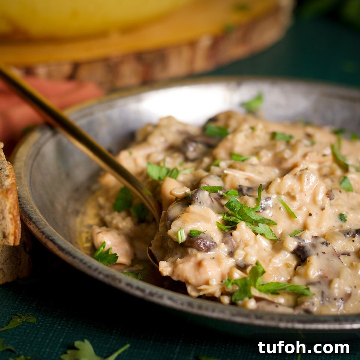 Creamy Mushroom Chicken with Parmesan Rice Bowl 3 A plate filled with creamy mushroom chicken and rice.