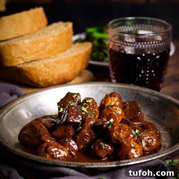 A bowl of beef and potato stew on a table next to a glass of red wine and a loaf of homemade bread.