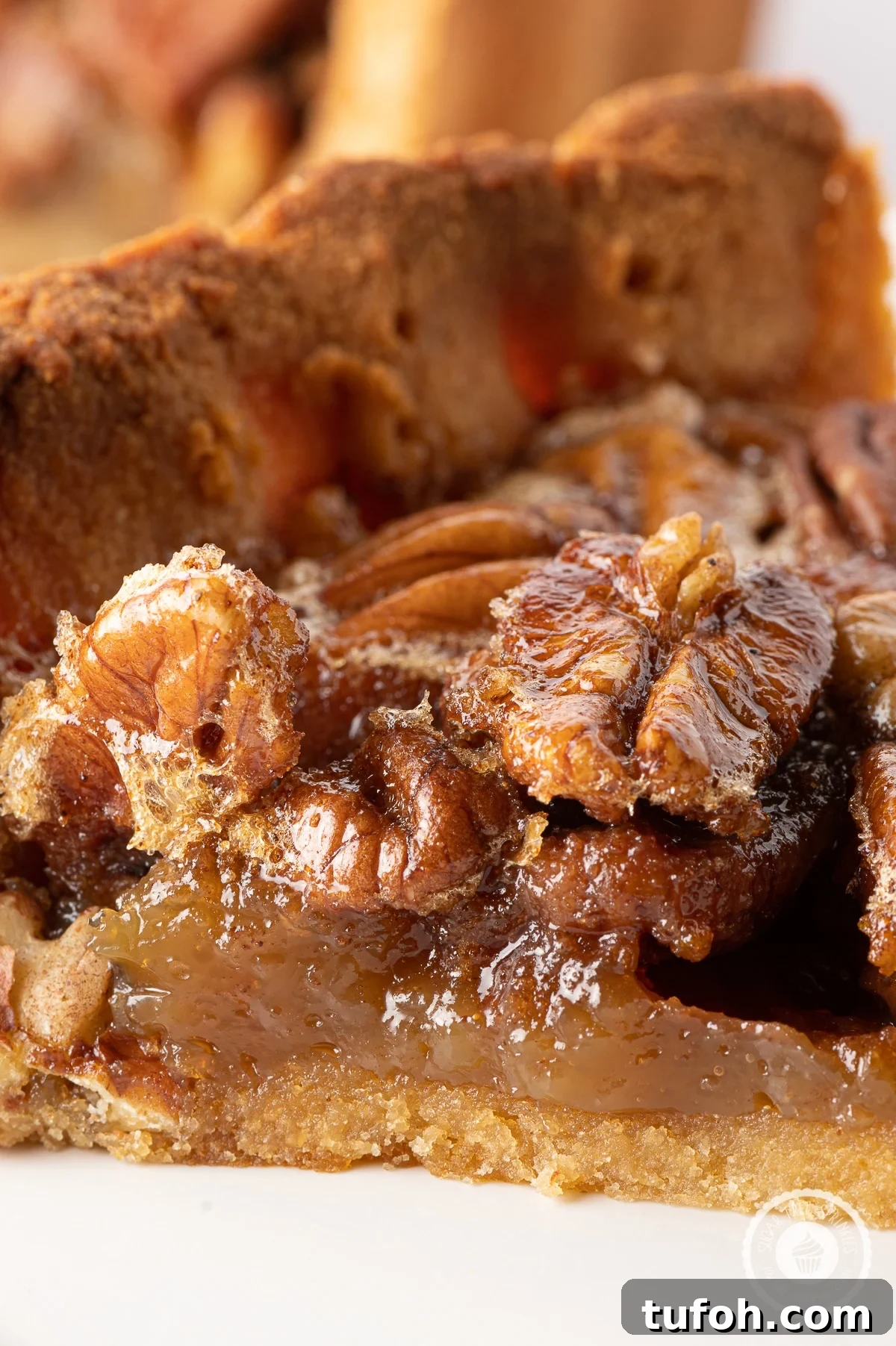 Close up image of a slice of pecan pie with sticky glazed pecans and gooey caramel like filling 
