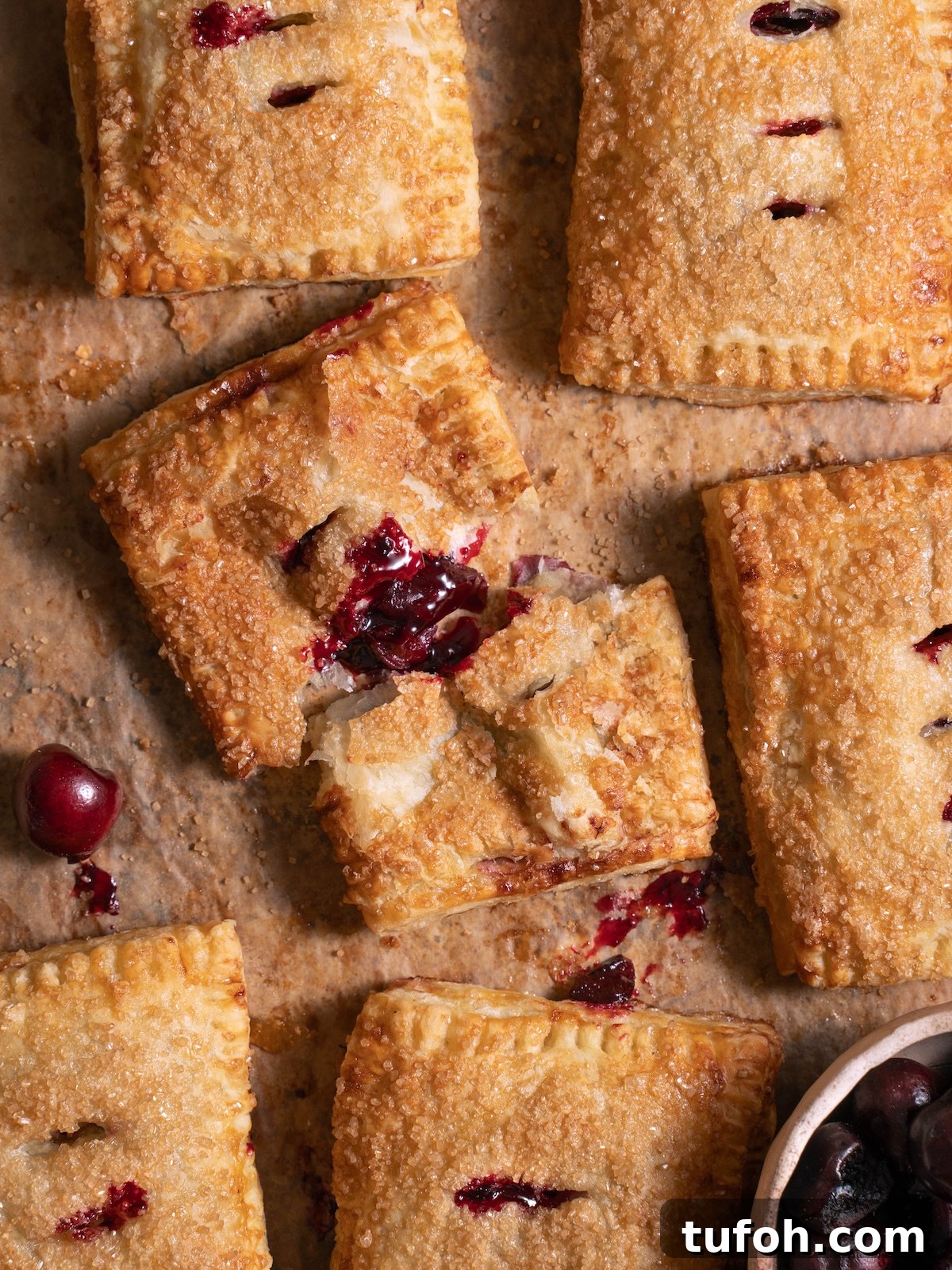 Close up view of cherry hand pies to show texture