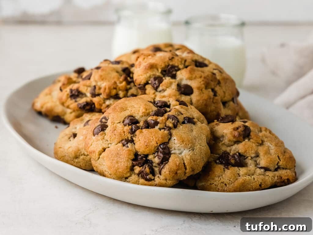 giant chocolate chip cookies made with tahini, brown butter, and halva. a fun twist on the classic inspired by levain bakery.