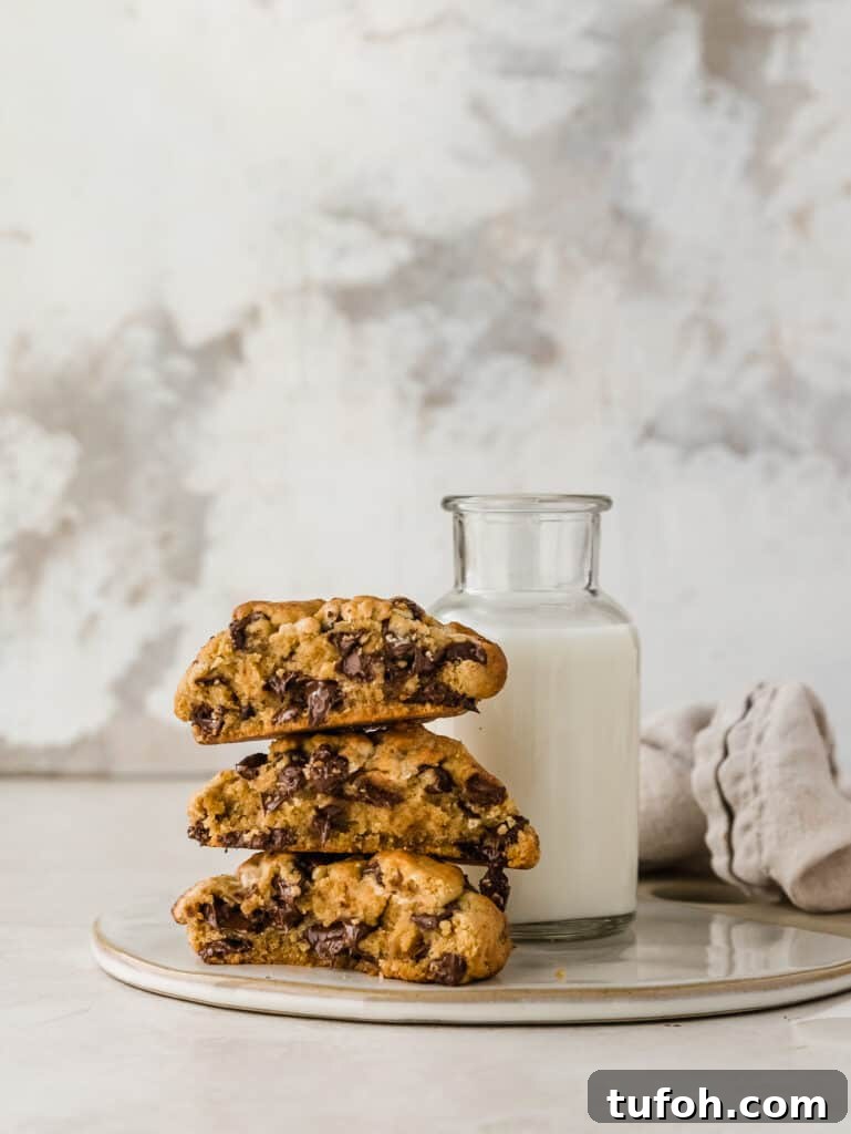 giant chocolate chip cookies made with tahini, brown butter, and halva. a fun twist on the classic inspired by levain bakery.