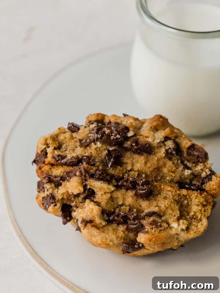 giant chocolate chip cookies made with tahini, brown butter, and halva. a fun twist on the classic inspired by levain bakery.