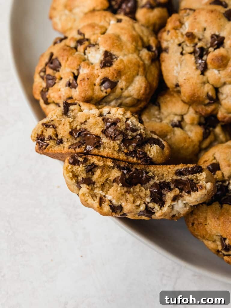 giant chocolate chip cookies made with tahini, brown butter, and halva. a fun twist on the classic inspired by levain bakery.