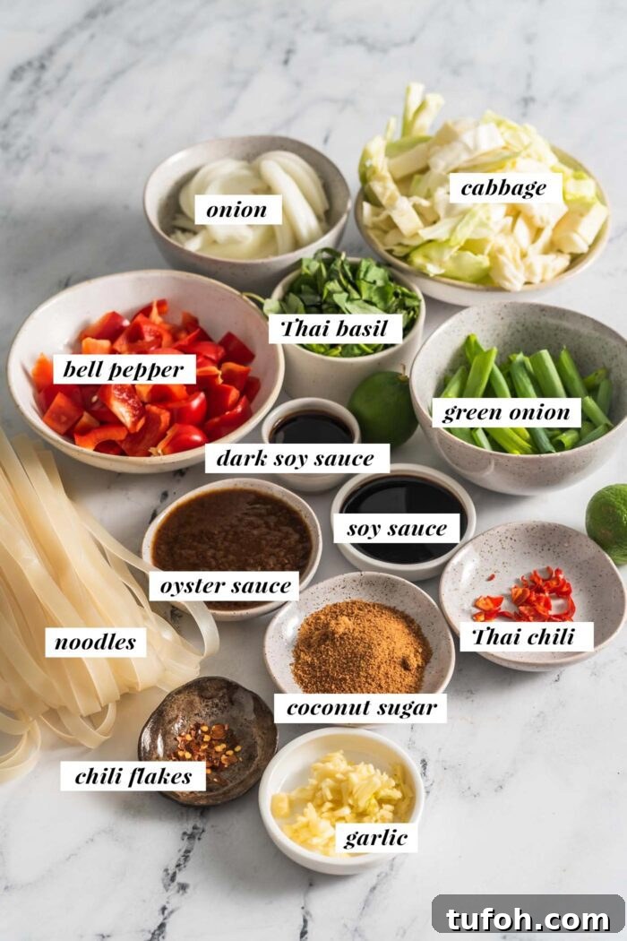 Vegan Drunken Noodles Recipe — Spicy Thai Stir-Fry 3 All the ingredients needed for a pad kee mao recipe gathered in small bowls. Each ingredient is labelled with text.