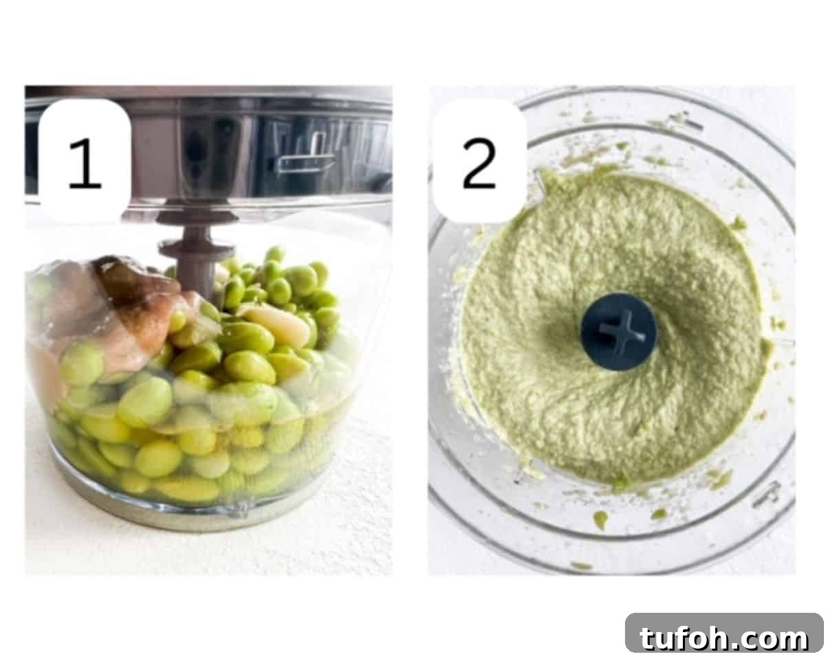 Edamame Hummus Recipe: Creamy, Protein-Packed Dip 4 Two process shots, side by side. Edamame, tahini, lemon juice, garlic, water, and olive oil in an electric food chopper to the left. Edamame hummus in a food chopper to the right.