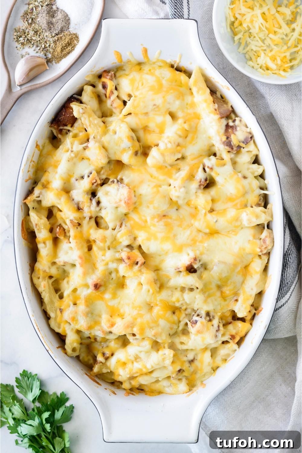A casserole dish with chicken alfredo bake.