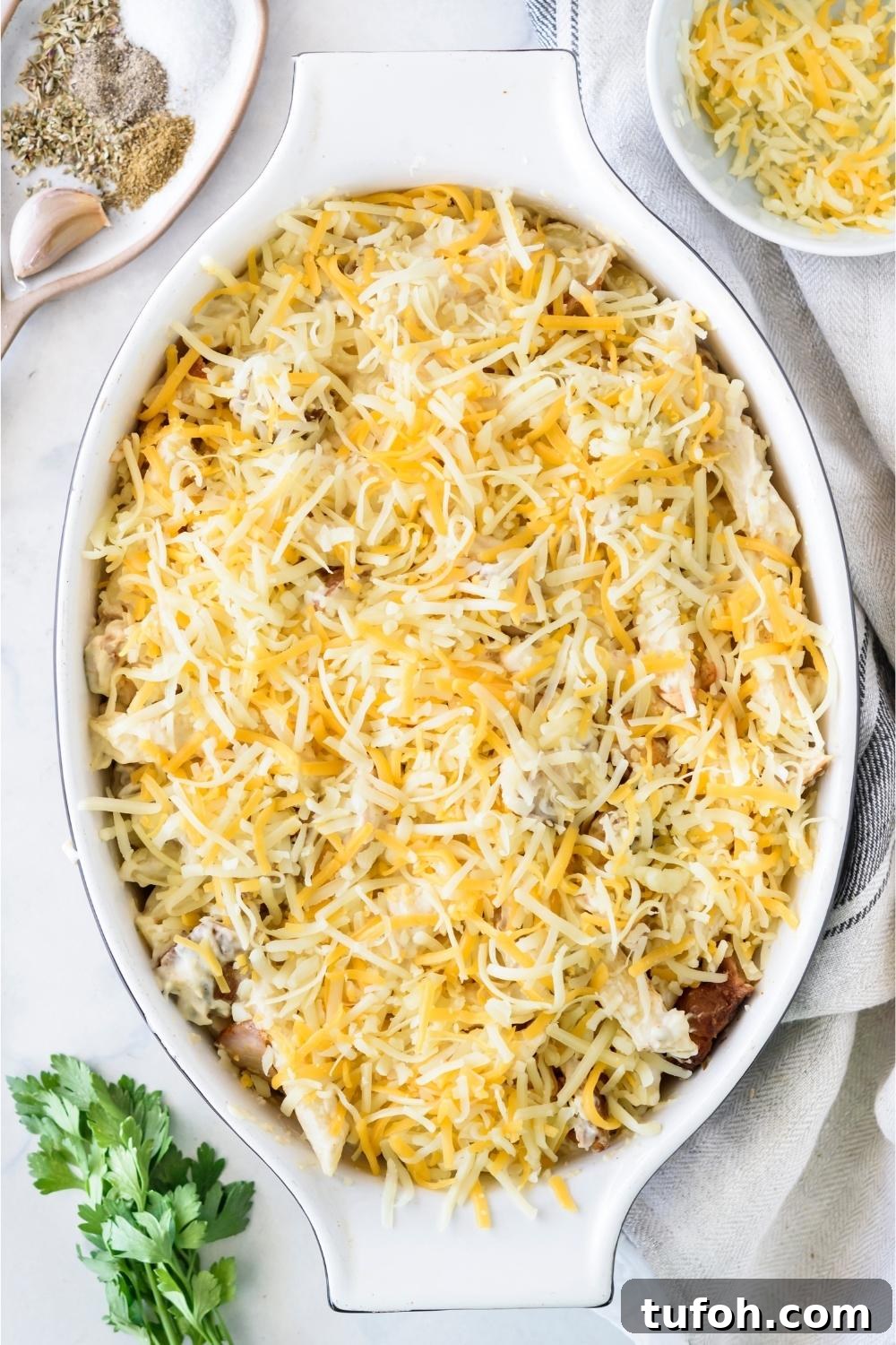 A casserole dish with unbaked chicken alfredo casserole topped with shredded cheese.