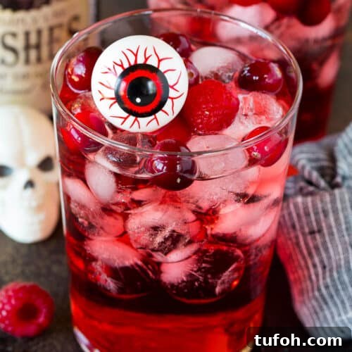A glass of red Halloween punch with berries and a fake eyeball in it.