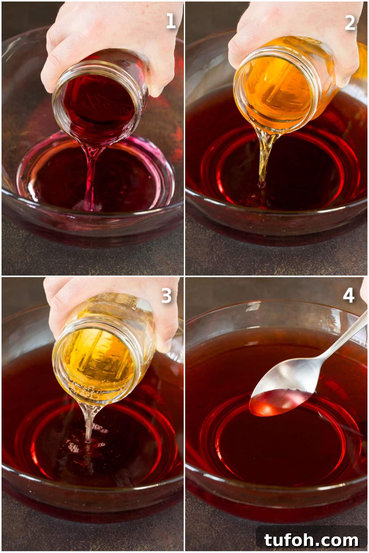 Juices being poured into a punch bowl and mixed together.