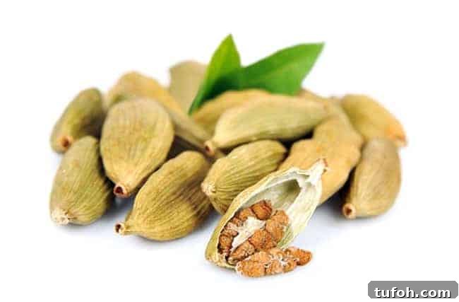 Cardamom pods with leaves isolated on white background