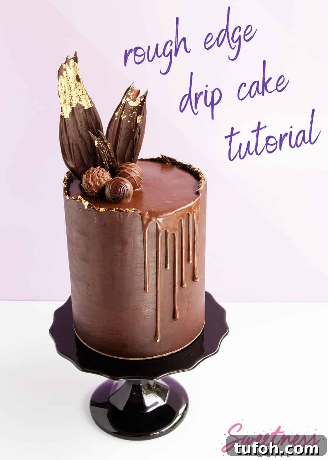 How to Make a Rough-Edge Ganache Drip Cake: Step-by-Step Tutorial 2 A dark chocolate ganache covered cake with a rough top edge and gold leaf, text overlay reads: 'Rough Edge Ganache Drip Cake Tutorial'