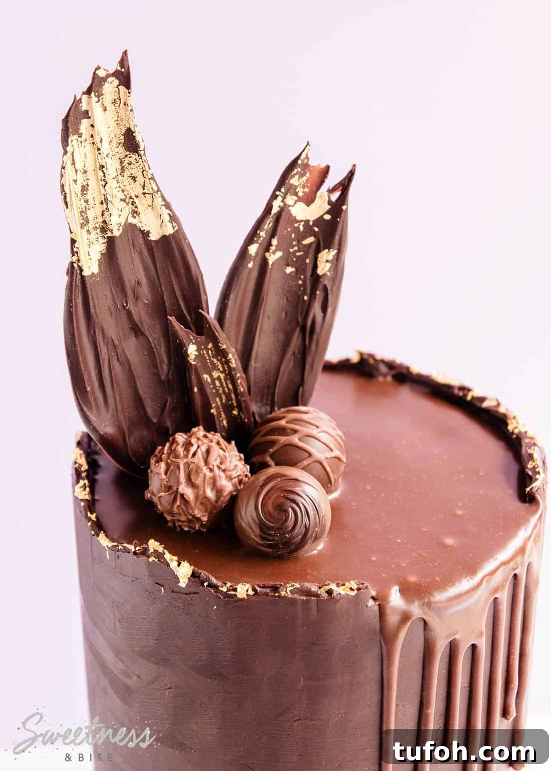 How to Make a Rough-Edge Ganache Drip Cake: Step-by-Step Tutorial 3 Close up of the shiny ganache and chocolate shards.