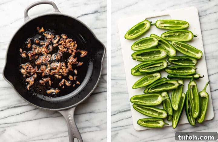 Crispy Jalapeño Poppers with Cheesy Bacon Filling 3 frying bacon in a skillet and prepping jalapenos