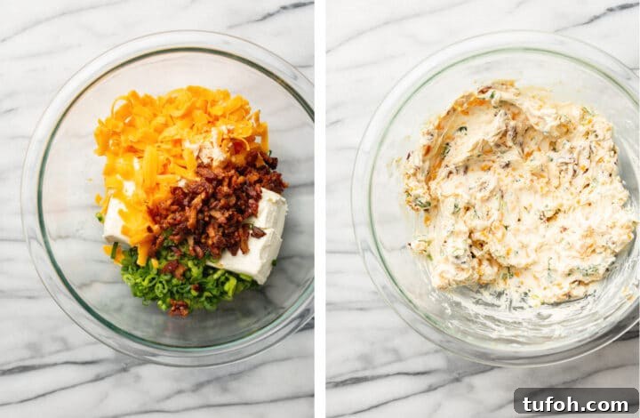 Crispy Jalapeño Poppers with Cheesy Bacon Filling 4 mixing filling for jalapeno poppers in a glass bowl