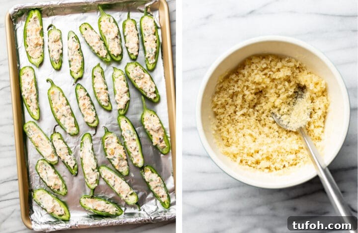 Crispy Jalapeño Poppers with Cheesy Bacon Filling 5 adding jalapeno poppers to a baking tray and mixing panko topping in a bowl