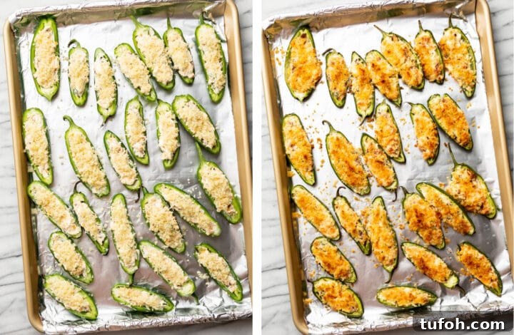 Crispy Jalapeño Poppers with Cheesy Bacon Filling 6 jalapeno poppers before and after baking