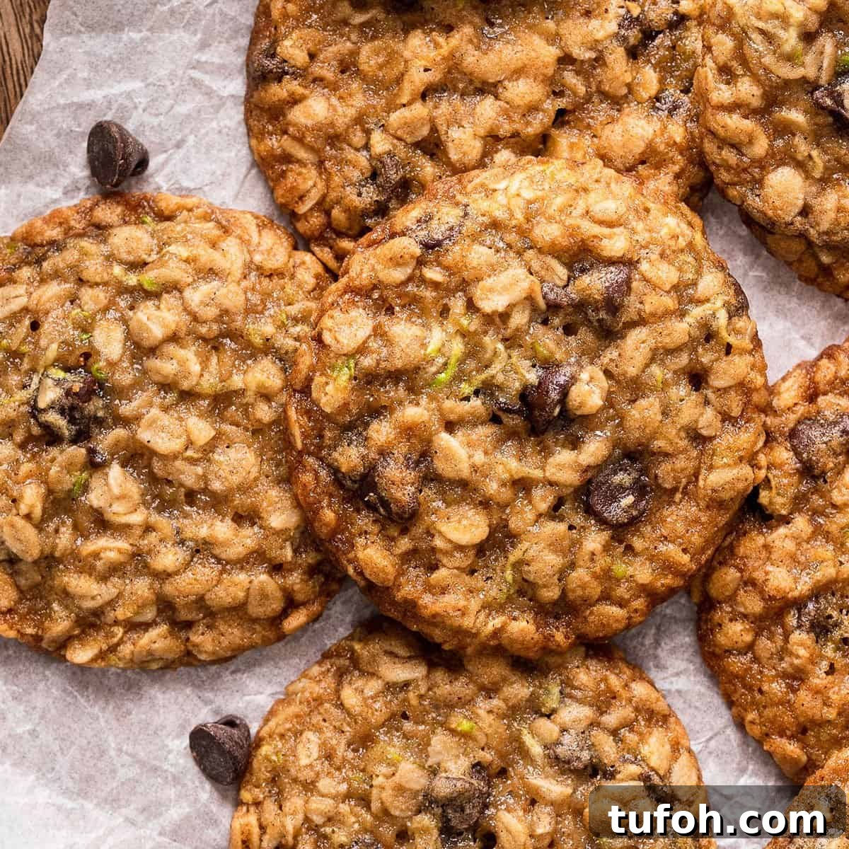 Chocolate Chip Zucchini Cookies with Moist, Chewy Texture 2 6 Zucchini Cookies with oatmeal and chocolate chips on parchment paper