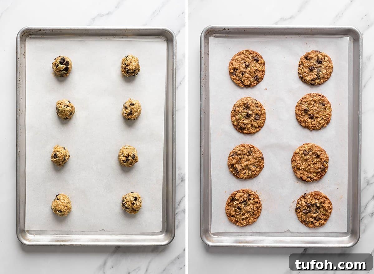 Chocolate Chip Zucchini Cookies with Moist, Chewy Texture 13 cookies on a baking sheet before and after baking