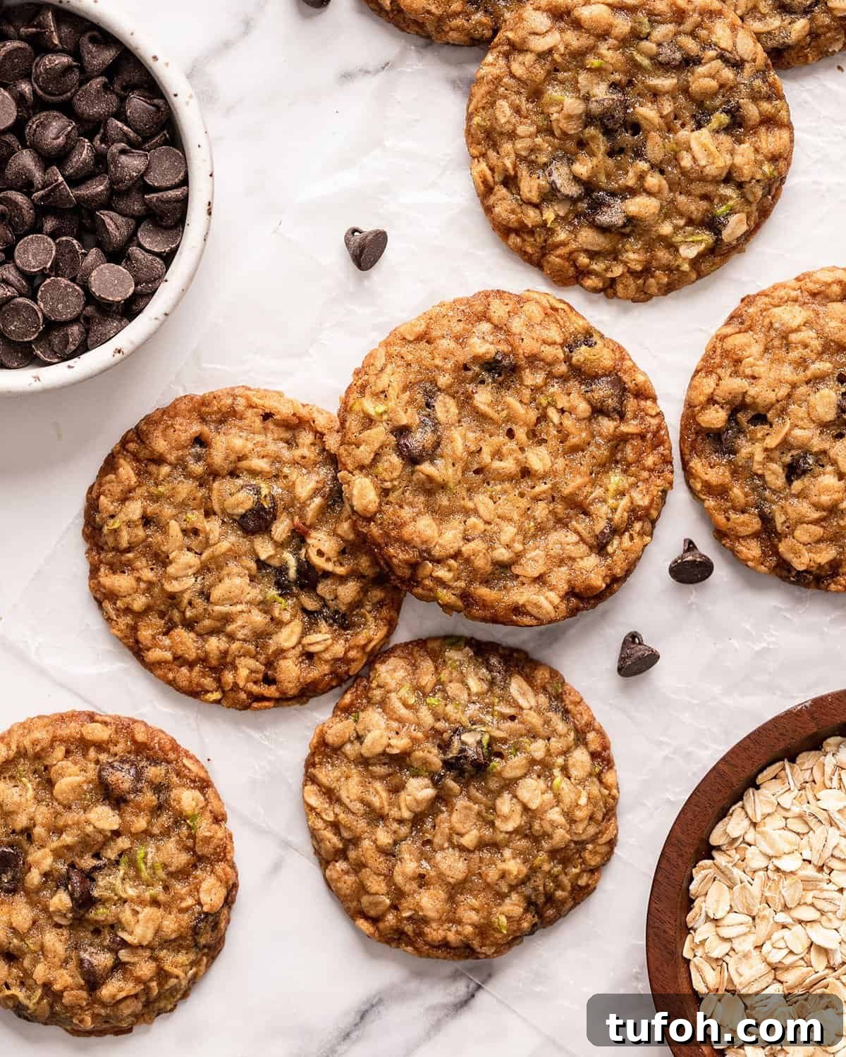 Chocolate Chip Zucchini Cookies with Moist, Chewy Texture 14 6 baked oatmeal Zucchini Chocolate Chip Cookies on parchment paper