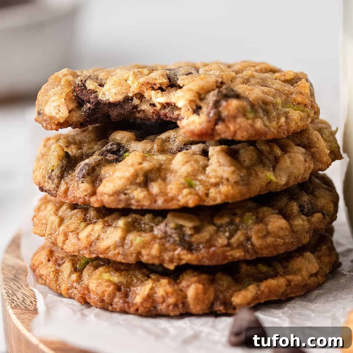 Chocolate Chip Zucchini Cookies with Moist, Chewy Texture 15 a stack of 4 Zucchini Chocolate Chip Cookies with a bite taken out