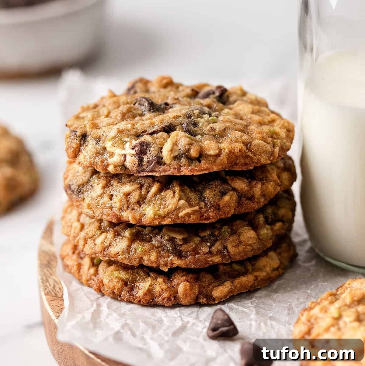 Chocolate Chip Zucchini Cookies with Moist, Chewy Texture 3 a stack of 4 Zucchini Cookies with oatmeal and chocolate chips on parchment paper with a glass of milk
