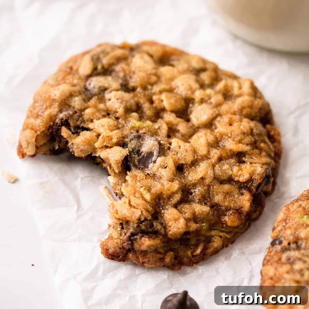 Chocolate Chip Zucchini Cookies with Moist, Chewy Texture 5 an oatmeal Zucchini Cookie with a bite taken out of it on parchment paper