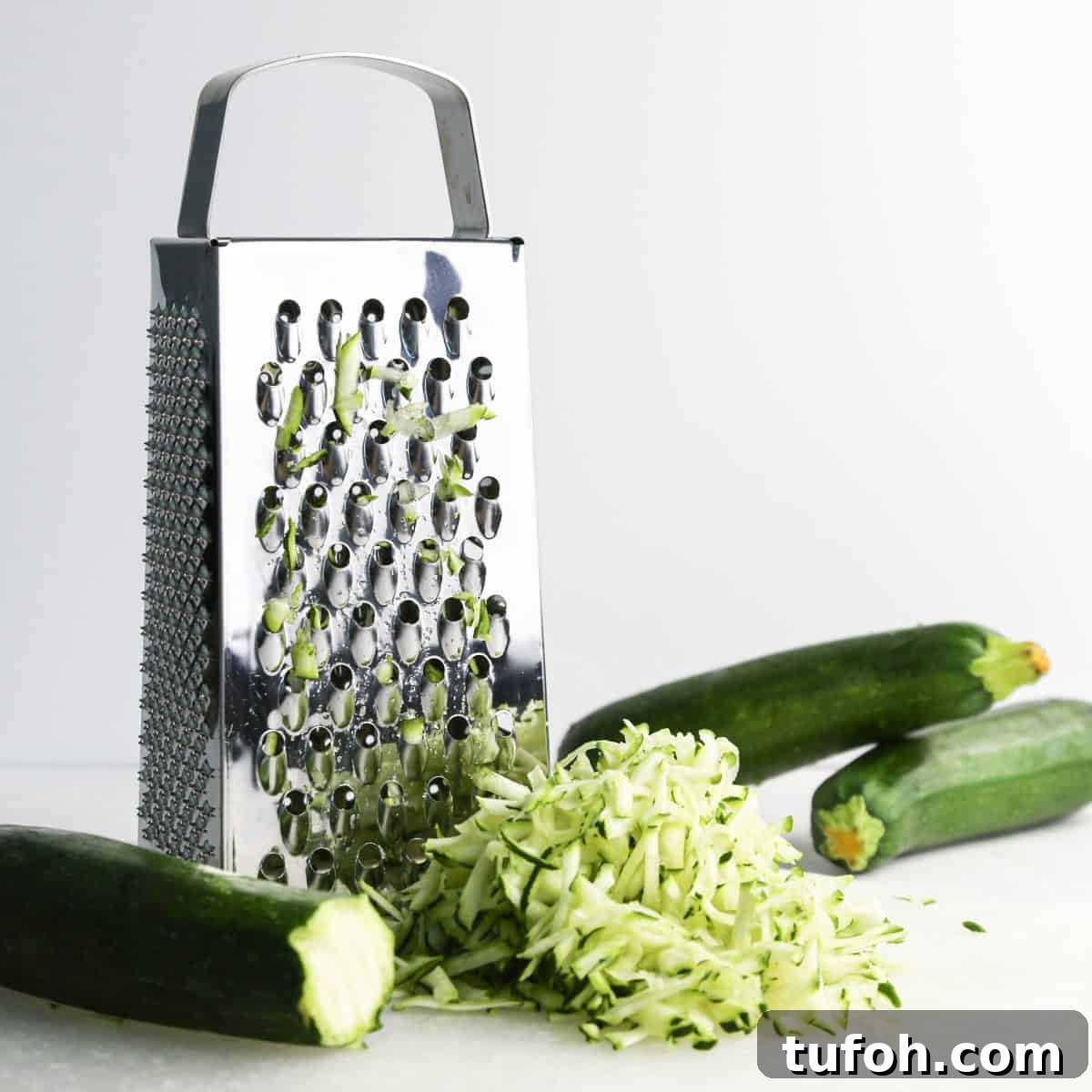 Chocolate Chip Zucchini Cookies with Moist, Chewy Texture 6 zucchini being shredded with a box grater