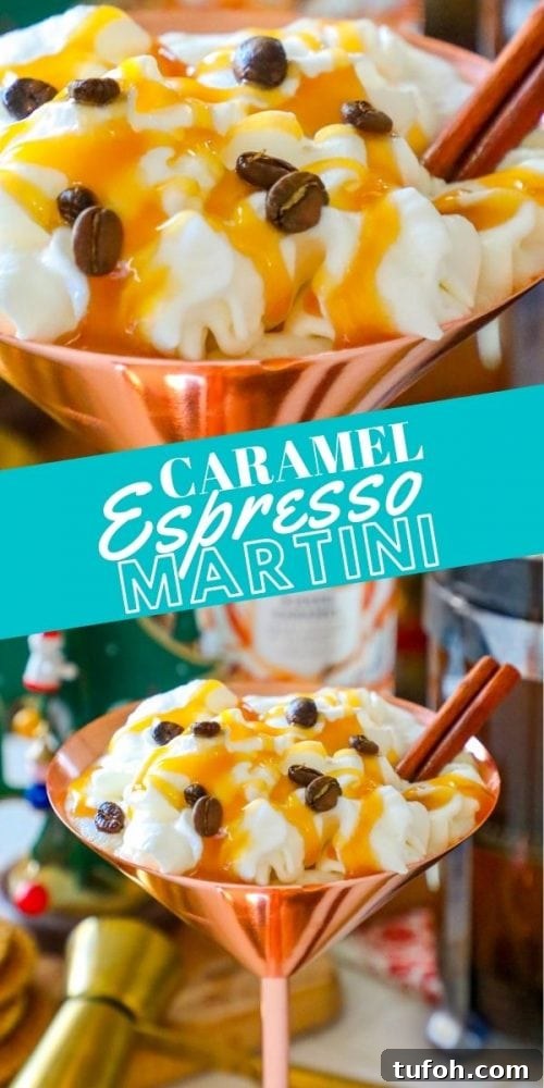brass martini glass with cream, espresso beans, and cinnamon stick sticking out