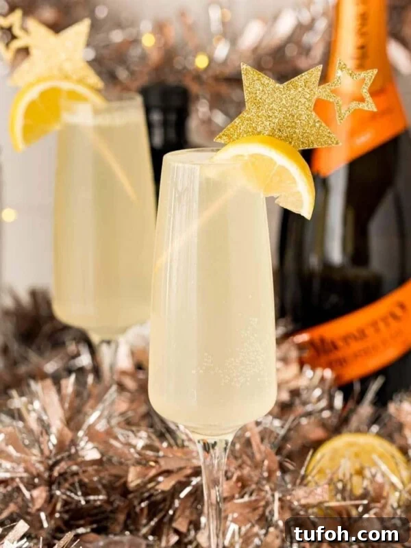 Easy Champagne Cocktail with Lemon Slices and Tinsel.
