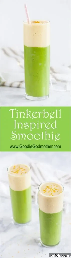 This Tinkerbell inspired smoothie may not give you the ability to fly, but its nutritious ingredients and lovely layering do make days a little more magical! Pineapple spinach layered smoothie recipe on GoodieGodmother.com