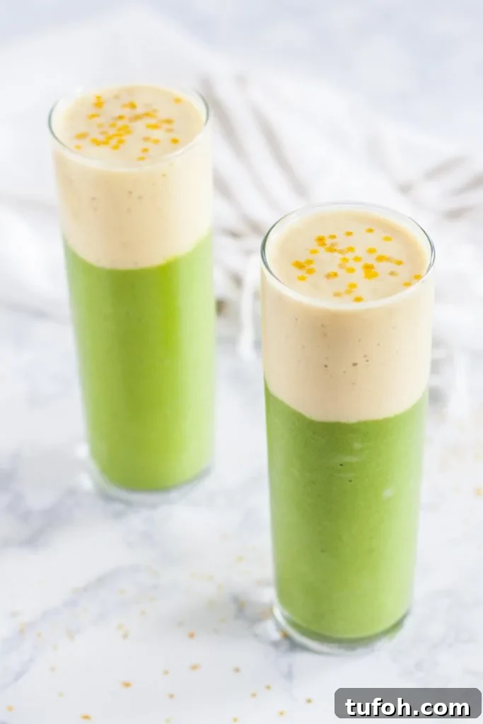 This Tinkerbell inspired smoothie may not give you the ability to fly, but its nutritious ingredients and lovely layering do make days a little more magical! Pineapple spinach layered smoothie recipe on GoodieGodmother.com